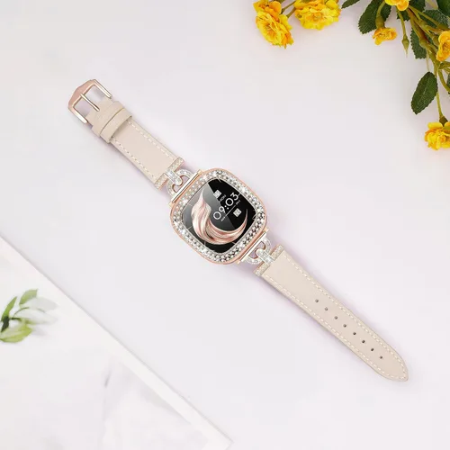 Miniatura 2 de Correa de cuero compatible con Fitbit Sense 2/Versa 4 para mujeres, elegante correa de cuero con hebilla metálica en forma de D con strass con funda
