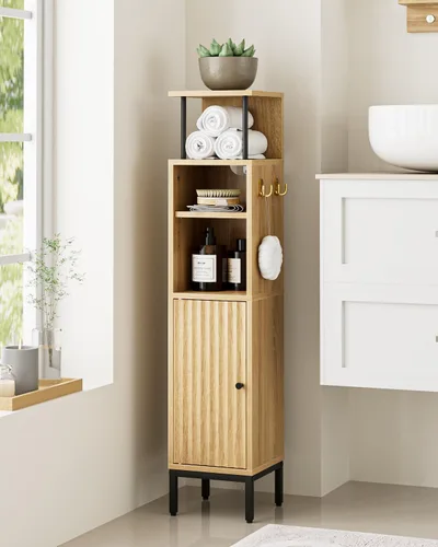 Miniatura 18 de Gabinete de Almacenamiento para Baño, Pequeño Mueble de Esquina de Piso con 2 Ganchos, Gabinete Estrecho para Papel Higiénico con Puerta de Ratán