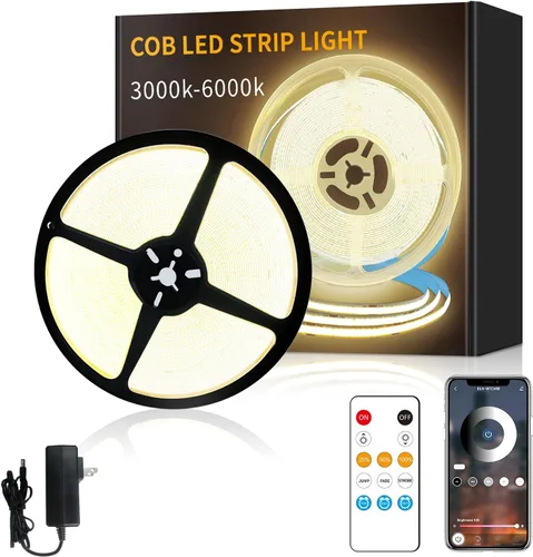 Miniatura 11 de Tira de luz LED COB de 32.8 pies, color blanco, regulable, CC de 24 V, 6000 K, cinta de luz LED flexible para dormitorio, con control remoto