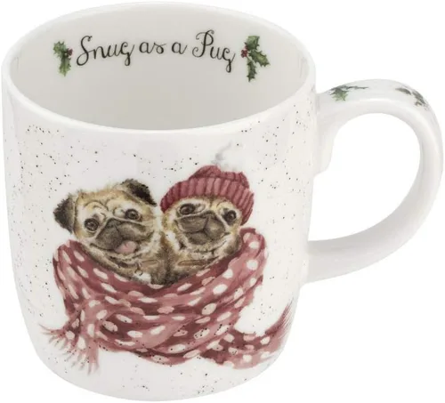 Taza Royal Worcester Wrendale Designs de 14 oz, Snug As A Pug con ilustración de perro - Taza floral con animales para cocinas cottagecore -