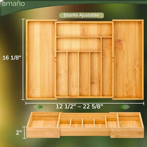 Miniatura 2 de BAMEOS Organizadores de cajones de bambú para cubiertos, organizador de cajones de utensilios de 11.9 pulgadas para cajones de cocina, organizador