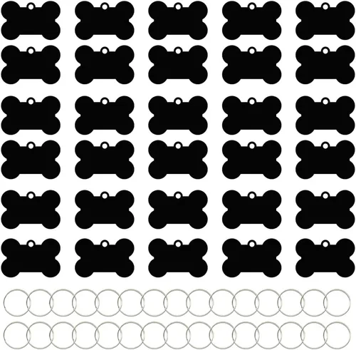 30 etiquetas de identificación de mascotas con forma de hueso negro en blanco con llavero, 1.496 in grabadas en blanco colgantes de aleación de