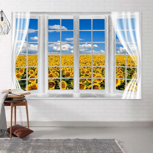 Miniatura 4 de Telón de fondo de campo de girasol, ventana, paisaje, granja, primavera, flores amarillas, cielo azul, fondo de poliéster de 5 x 3 pies para fotos