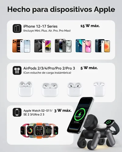 Miniatura 8 de Estación de carga 3 en 1 para dispositivos Apple, soporte magnético inalámbrico de carga rápida compatible con MagSafe para iPhone