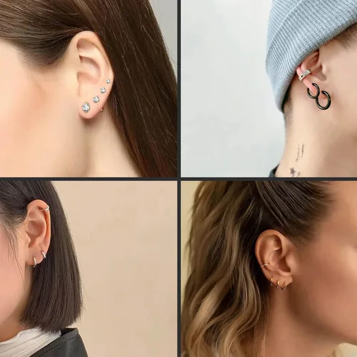 Miniatura 6 de Juego de aretes Huggie de 0.236 in, 0.315 in, 0.394 in y 0.472 in, hipoalergénicos, pequeños aretes de aro con circonita cúbica para mujeres