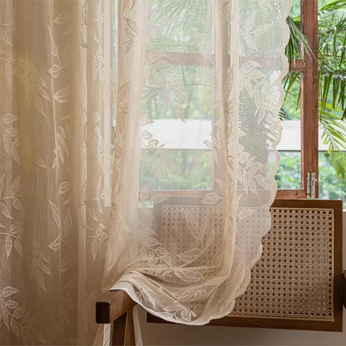 Sutuo Home - Cortinas de encaje color beige de 63 pulgadas de largo para cocina y dormitorio, con bordado de hojas botánicas, cortinas traslúcidas