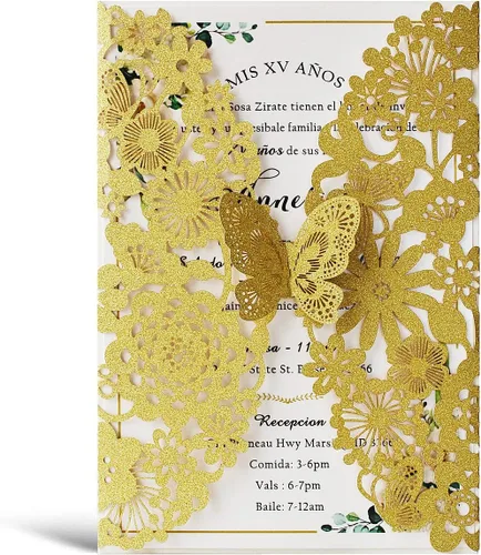 Miniatura 12 de Hosmsua 50 invitaciones de quinceañera de mariposa azul rey y sobre de 5.12 x 7.3 pulgadas, corte láser, flora de encaje, invitación de quinceañera
