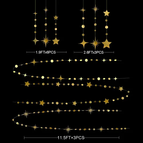 Miniatura 2 de Guirnalda de papel dorada para decoración de fiesta con estrellas, círculos y puntos, papel brillante, banderines, serpentinas metálicas