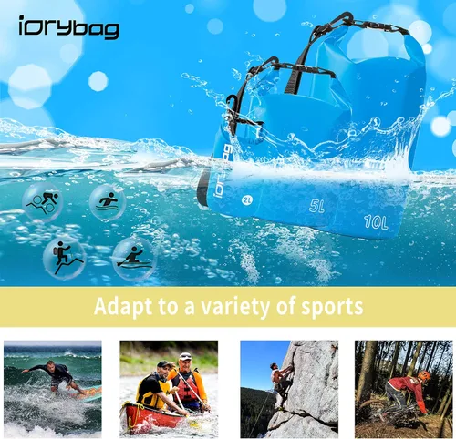 Miniatura 5 de IDRYBAG Bolsa seca para kayak impermeable 2L/5L/10L/15L/20L, pequeña bolsa impermeable para navegación Azul claro