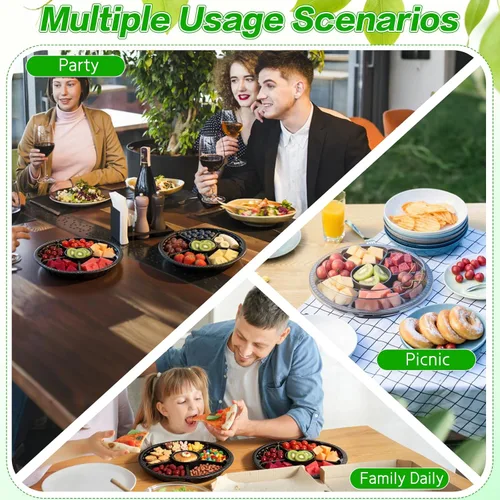 Miniatura 8 de Mwellewm 10 piezas de bandeja redonda de plástico con tapa para aperitivos, bandeja de servir dividida, contenedores desechables de almacenamiento