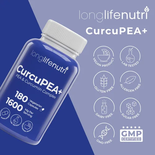 Miniatura 7 de CurcuPEA+ (Palmitoiletanolamida + Complejo de cúrcuma 600 mg/1000 mg) - Derivado de curcumina Longa, 180 cápsulas vegetarianas, antioxidante