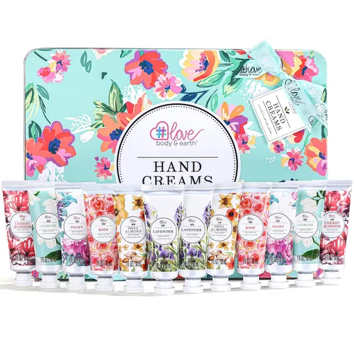 BODY & EARTH Set de regalo de crema de manos para mujer, regalos de Navidad, paquete de 12 enriquecidos con manteca de karité para nutrir las manos
