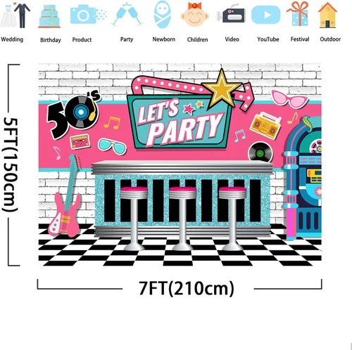 Miniatura 4 de SVBright Fondo de fiesta Let's Party de los años 50, 7 pulgadas de ancho x 5 de alto, tienda rural de soda vintage, blanco, negro, a cuadros, rosa