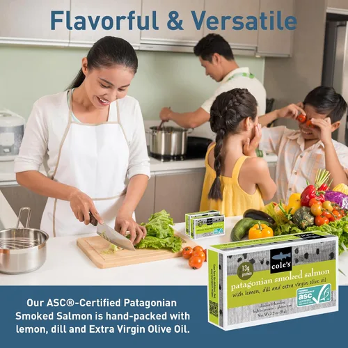 Miniatura 7 de Cole's Filete de Salmón Ahumado Patagónico con Limón y Eneldo en Aceite de Oliva Extra Virgen 3.2 oz Envasado a Mano Salmón Ahumado Enlatado 13g