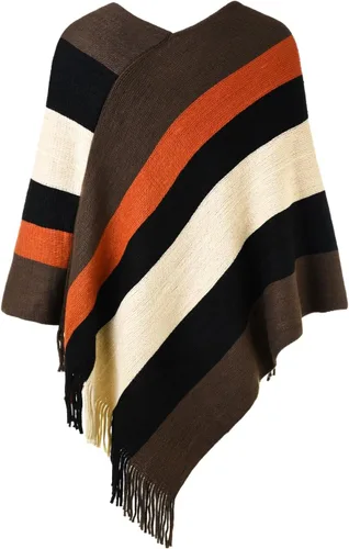 Miniatura 2 de Suéter tipo poncho a rayas para mujer, estilo casual, chal con flecos versátiles