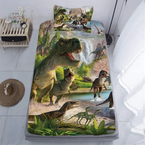Miniatura 6 de Juego de sábanas de dinosaurios tamaño individual para niños, juego de sábanas bajeras realistas 3D de dinosaurio verde de la selva antigua, juego
