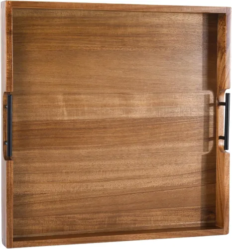 Miniatura 9 de Joy&Grace Bandeja otomana para sala de estar, bandeja grande de madera de acacia con asas para mesa de café, desayuno en la cama, cena de comida