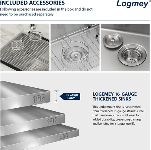 Miniatura 4 de Logmey - Fregadero de barra de 21 pulgadas, fregadero de cocina de acero inoxidable de 21x18, fregadero de barra pequeño, calibre 16, fregadero