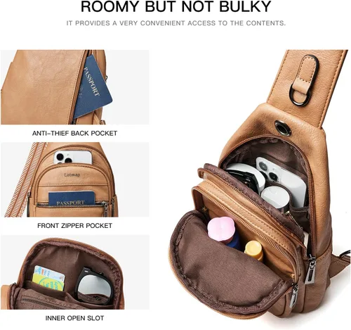 Miniatura 4 de LATMAP Bolso bandolera para mujeres y hombres, mochila pequeña de cuero, riñonera cruzada para el pecho, bolso impermeable para mujeres