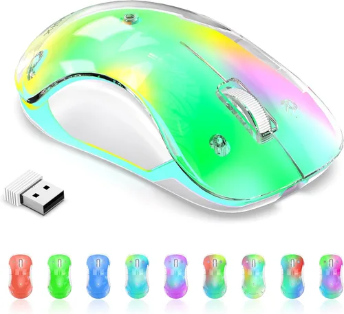 Miniatura 14 de memzuoix Mouse inalámbrico de 2.4G con cubierta personalizable y LED de 9 colores, ergonómico recargable, 1400 DPI, 5 botones, receptor USB para Azul