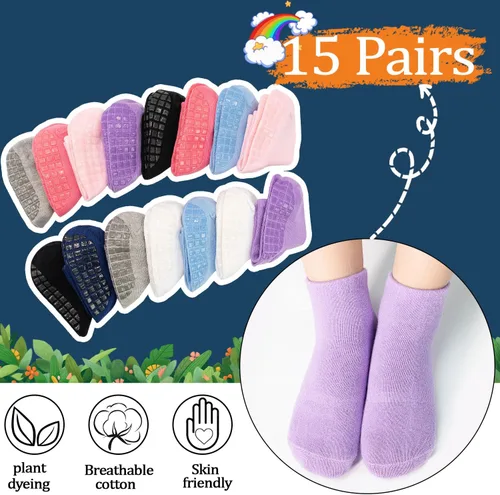 Miniatura 4 de Calcetines de agarre para niños pequeños, 15 pares, calcetines antideslizantes para bebés con pinzas para niños y niñas, calcetines antideslizantes