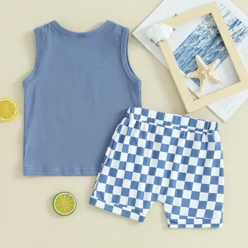 Miniatura 26 de Ropa de bebé niño sin mangas + pantalones cortos con estampado a rayas con bolsillos, 2 piezas de trajes de verano