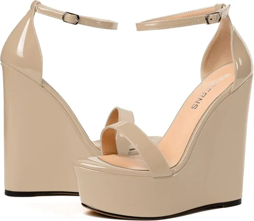 Miniatura 6 de WAYDERNS Sandalias de tacón alto con plataforma y correa de tobillo para mujer, con hebilla de noche, puntera abierta, de moda, de charol, de 6