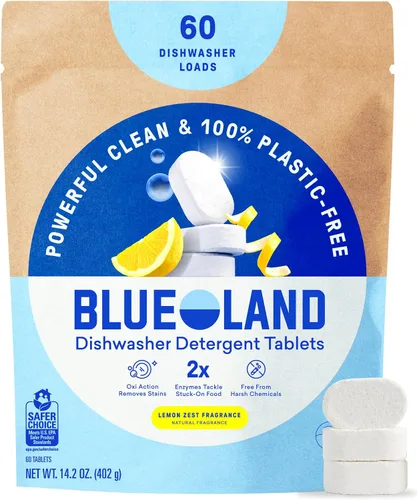 Miniatura 11 de BLUELAND - Tabletas de detergente para lavavajillas 100% libres de plástico, 60 unidades, libres y transparentes, ecológicas, cortan la grasa y se