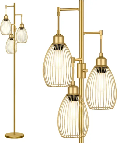 Miniatura 10 de Lámpara de pie regulable, 3 bombillas LED Edison de 800LM incluidas, lámpara de pie industrial de granja lámpara de árbol de pie con elegante jaula