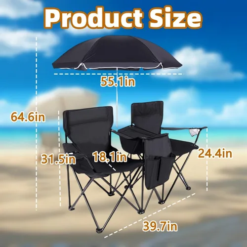 Miniatura 3 de Double Camping Chair with Canopy, with Cup Holder and Side Storage Pockets, for Beach, Camping and Fishing (Black)