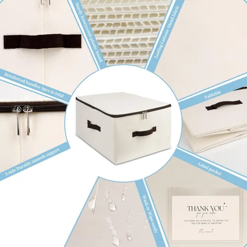 Miniatura 4 de AMJ Caja de almacenamiento plegable de tela (juego de 2) – Contenedor con tapa para armario, hogar – Cubo organizador beige – Lavable y apilable