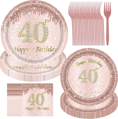 Decoraciones de cumpleaños número 40 para mujer, juego de 96 platos y servilletas de cumpleaños de 40 años, platos de oro rosa, platos de papel