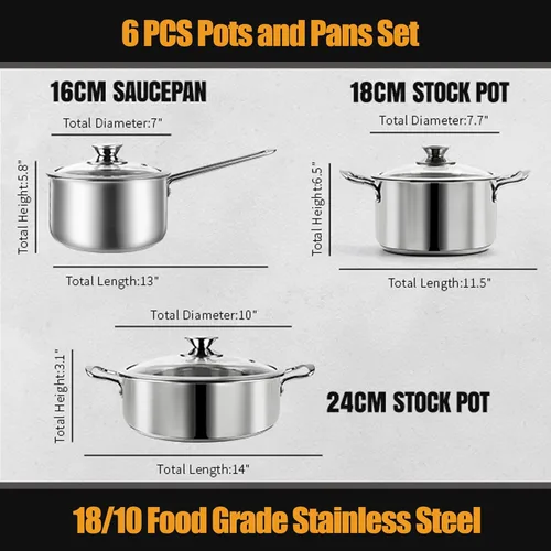 Miniatura 2 de Aufranc Juego de ollas y sartenes de acero inoxidable, 6 piezas antiadherentes de cocina de inducción, funciona con cocinas de inducción/eléctricas