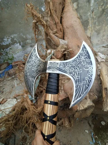 Miniatura 3 de Hacha vikinga de doble cabeza forjada a mano – Hacha de batalla de acero al carbono Odin de 27 pulgadas con mango de madera envuelto en cuero