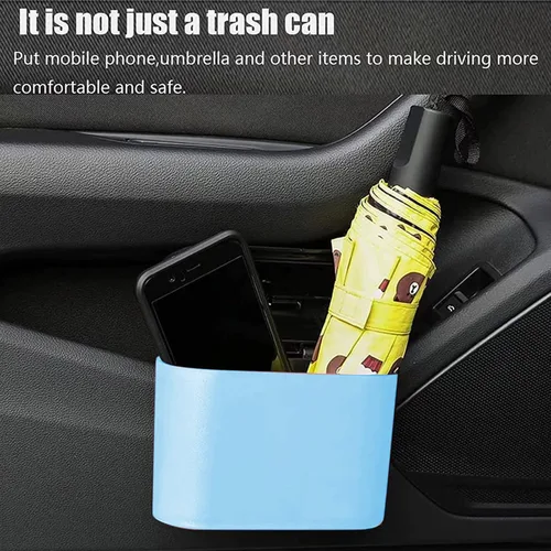 Miniatura 6 de Papelera para automóvil, mini cubo de basura con tapa, 2 bolsas de basura azul, bonitos accesorios para el automóvil para almacenamiento