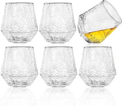 Miniatura 6 de Vasos de diamante – Juego de 6 copas de vino sin tallo – Diseño geométrico inclinado – Vasos de whisky rodantes – Copa de vino