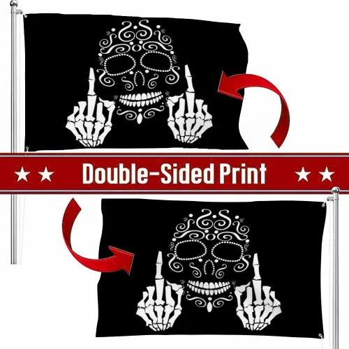 Miniatura 3 de Swono Bandera de calavera con diseño de esqueleto con dedo medio, bandera negra de 3 x 5 pies, bandera grande para exteriores e interiores, oficina