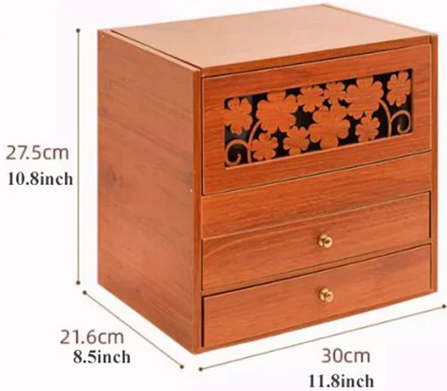Miniatura 2 de Organizador de maquillaje, organizador de maquillaje de madera retro con espejo y 2 cajones, soporte grande para brochas de cuidado de la piel