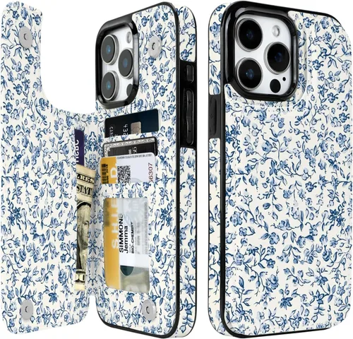 Miniatura 28 de Funda compatible con iPhone 14/15 con tarjetero y ranuras integradas de piel sintética con función atril y a prueba de golpes para iPhone 14/15