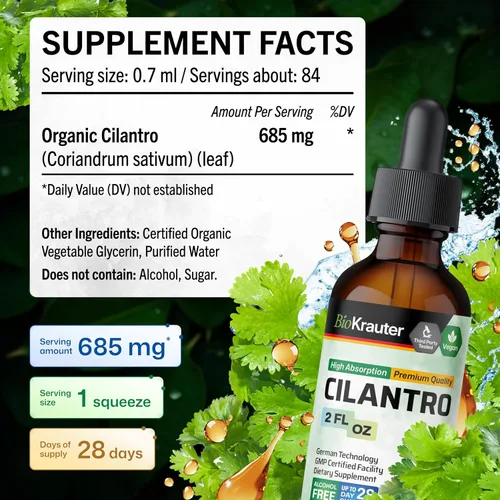 Miniatura 4 de BIO KRAUTER® Cilantro para limpieza desintoxicante – Suplemento antioxidante vegano, tintura de cilantro natural de 650 mg por porción – Suplemento