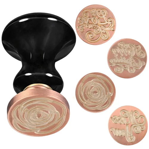 rockcloud Juego de sellos de cera, 4 sellos de cera de sellado de cobre con 1 mango de sello de obsidiana negra para tarjetas, sobres, decoración de