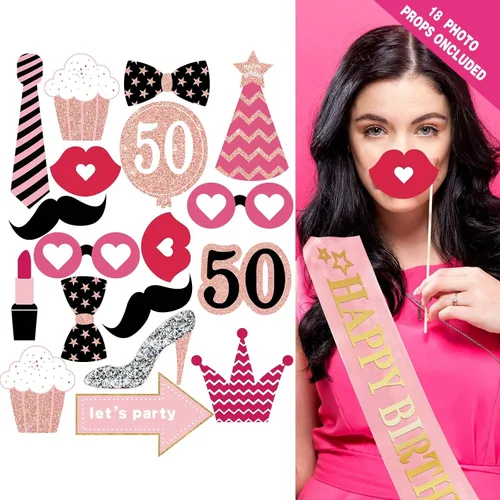 Miniatura 6 de Decoraciones de cumpleaños número 50 para mujer – (paquete de 76) pancarta de fiesta de oro rosa, banderín, remolino colgante, globos de cumpleaños