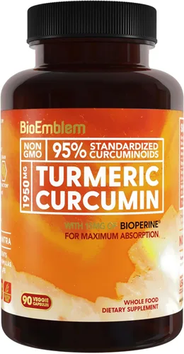 BioEmblem Suplemento de curcumina de cúrcuma con BioPerine | Apoyo articular y salud cardíaca | con polvo de cúrcuma orgánica y 95% extracto de 30