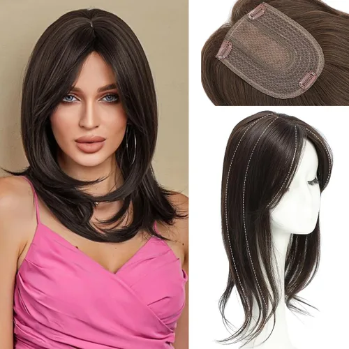Miniatura 8 de UDU Hair Toppers para mujer: Fibra sintética, marrón ceniza, multicapa, largo y lacio, ondulado, con clip en pelucas con flequillo Marrón