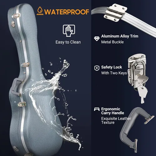 Miniatura 4 de CAHAYA Funda para guitarra acústica ABS resistente al agua, funda rígida de 41 pulgadas, bolsa de concierto de 0.6 pulgadas de grosor, acolchado Azul