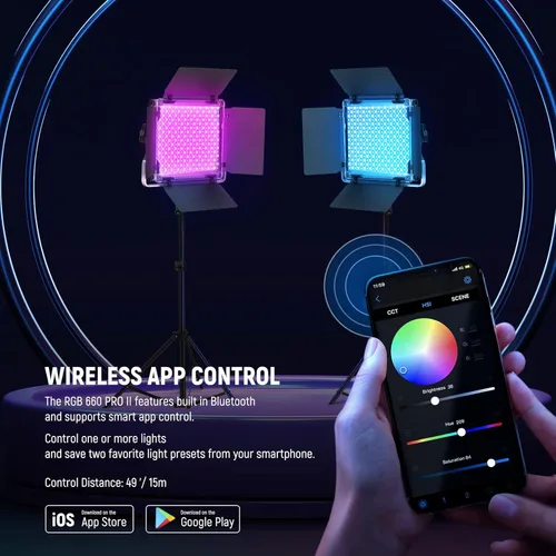 Miniatura 4 de NEEWER Luz de video LED RGB 660 PRO II mejorada con control de aplicación y kit de soporte de trípode, 2 paquetes de 50 W/1% de atenuación