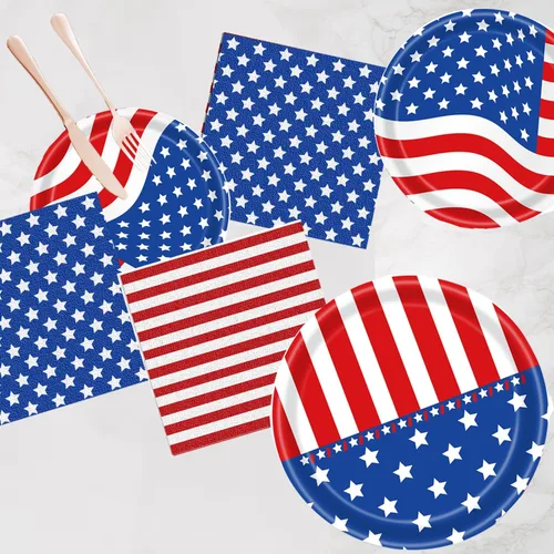 Miniatura 5 de Suministros de fiesta patriótica, juegos de decoración de fiesta patriótica de bandera americana, platos y servilletas de papel del 4 de julio