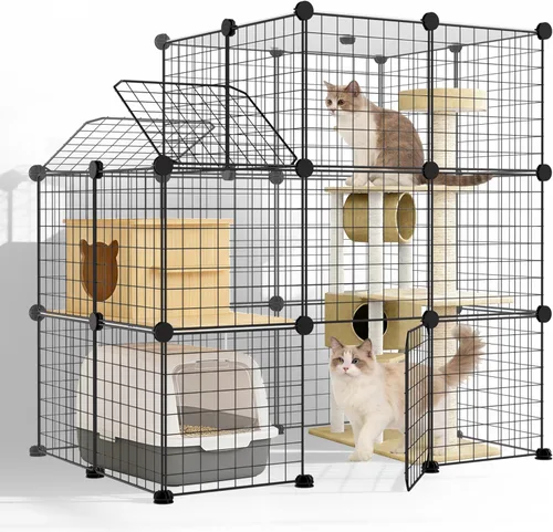 Jaula para gatos de 3 niveles con tragaluz, se adapta a múltiples mascotas; jaula plegable grande para gatos (con área de caja de arena); hábitat de