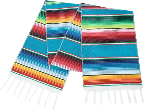 Camino de mesa mexicano de 14 x 84 pulgadas, decoración de boda para fiesta de fiesta, caminos de mesa de arco iris a rayas Serape Zarape para Cinco