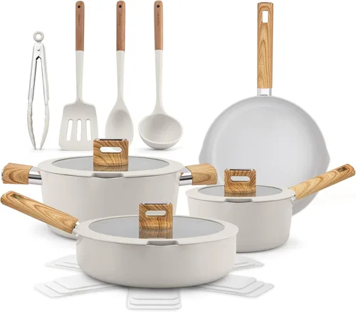 Miniatura 9 de NutriChef Juego de utensilios de cocina de cerámica antiadherente de 14 piezas, ollas y sartenes seguras para inducción con tapas de vidrio, asas